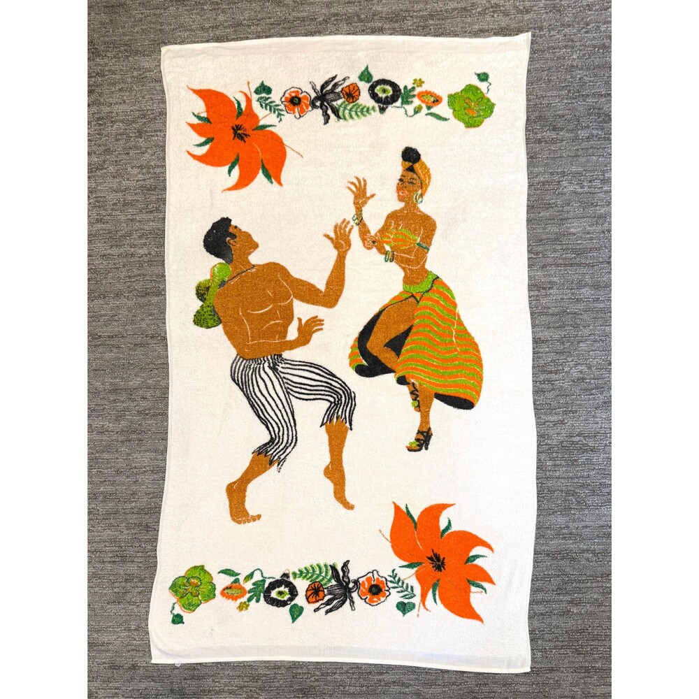 Vintage 1960s Calypso Dancing Couple Beach Towel, Tropical Art (38" x 65")